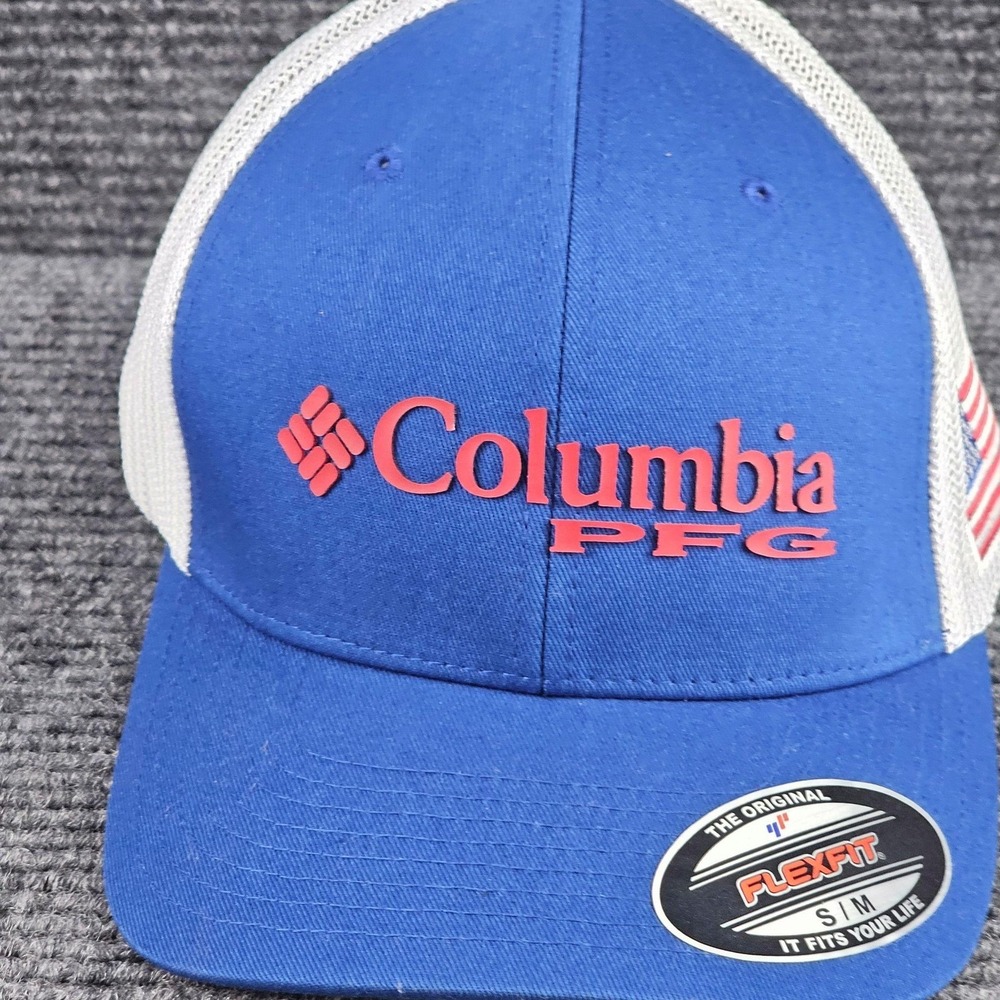 Columbia PFG Hat Mens Medium Blue White Flexfit Trucker Mesh USA Flag
